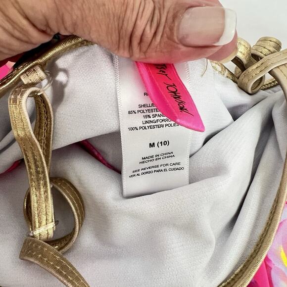 Betsy Johnson Girls 2PC Pink Floral Swimsuit Size M 10 Gold Trim - Picture 6 of 9